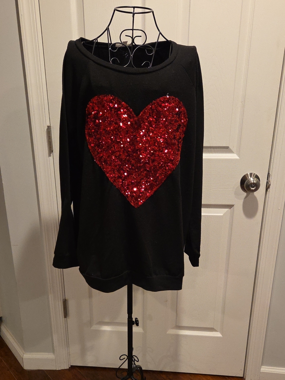 Black Crewneck Sweater with Red Sequin Heart